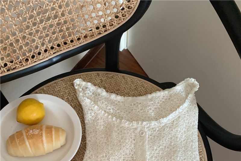 Short-Sleeve Scoop Neck Crochet Button Up Blouse