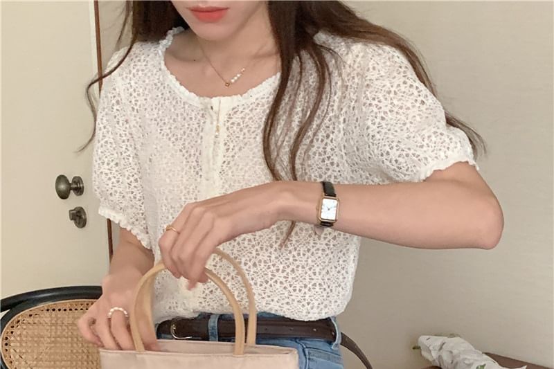 Short-Sleeve Scoop Neck Crochet Button Up Blouse