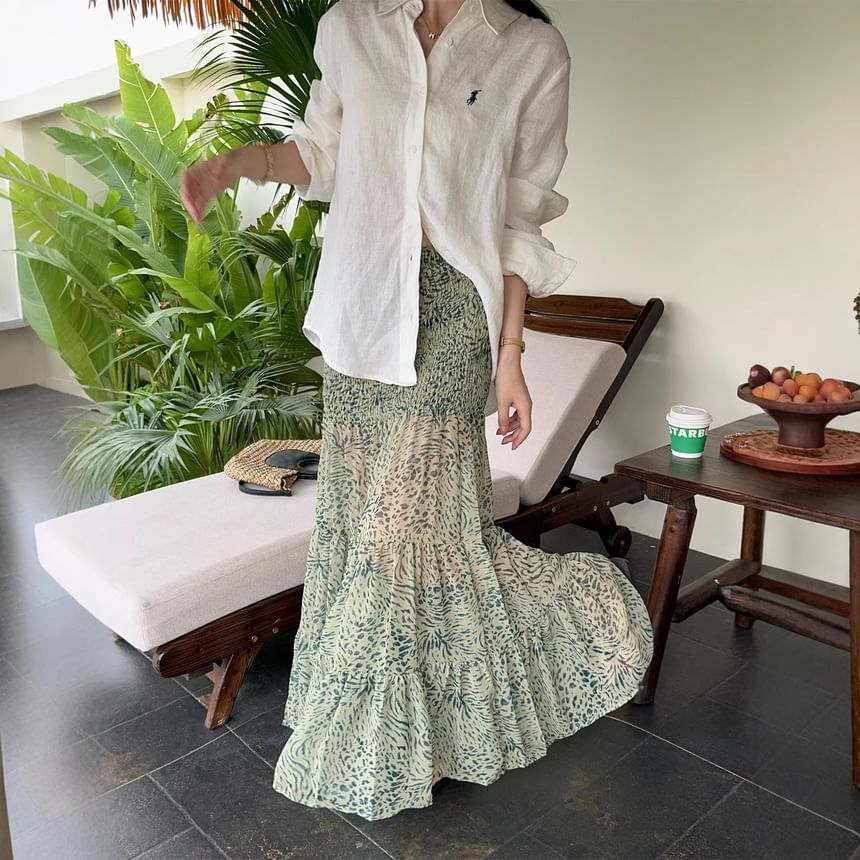 Mid Rise Leopard Pleated Maxi A-Line Skirt