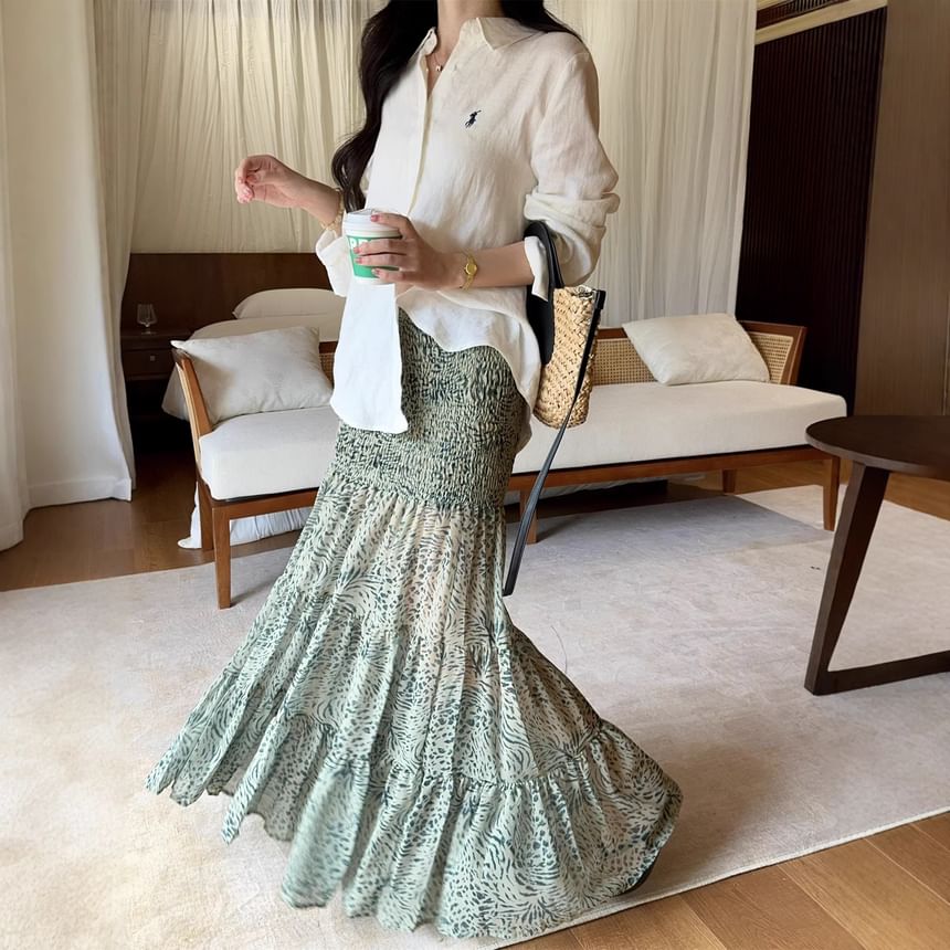 Mid Rise Leopard Pleated Maxi A-Line Skirt