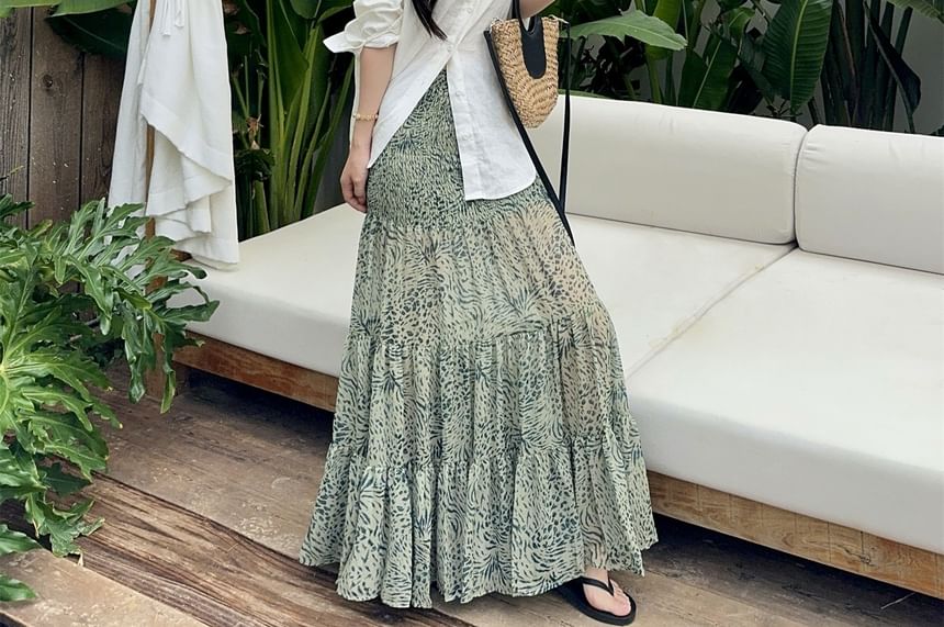 Mid Rise Leopard Pleated Maxi A-Line Skirt