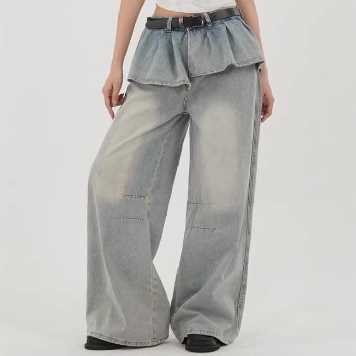 Mid Rise Washed Skirt Overlay Wide Leg Jeans