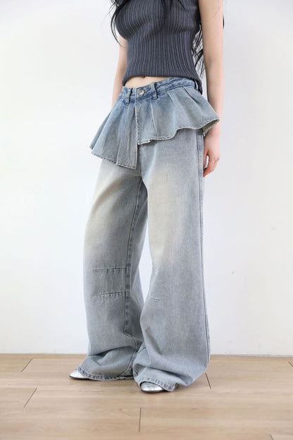 Mid Rise Washed Skirt Overlay Wide Leg Jeans