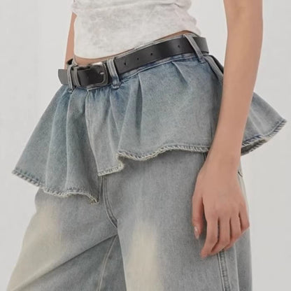 Mid Rise Washed Skirt Overlay Wide Leg Jeans