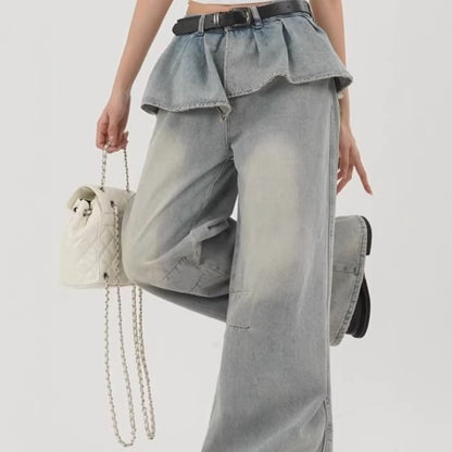 Mid Rise Washed Skirt Overlay Wide Leg Jeans