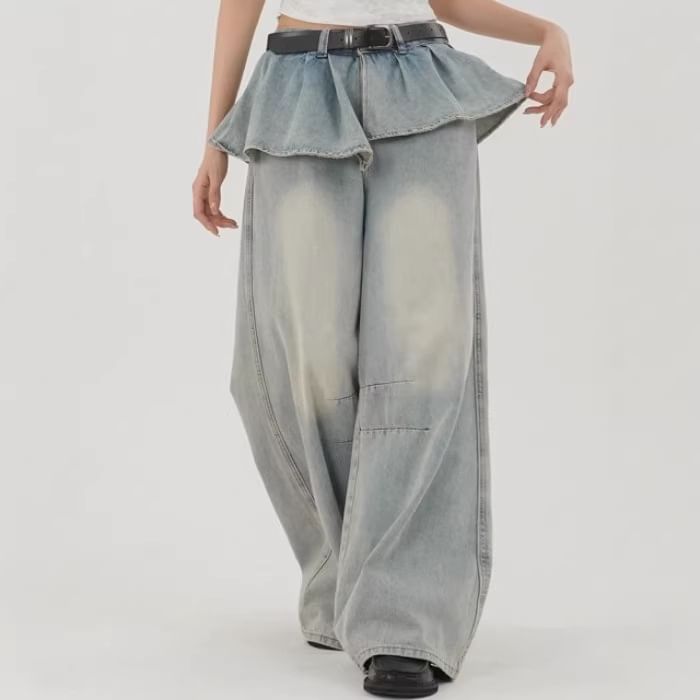 Mid Rise Washed Skirt Overlay Wide Leg Jeans