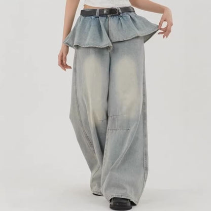 Mid Rise Washed Skirt Overlay Wide Leg Jeans