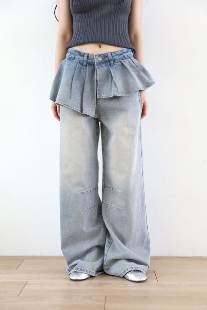 Mid Rise Washed Skirt Overlay Wide Leg Jeans