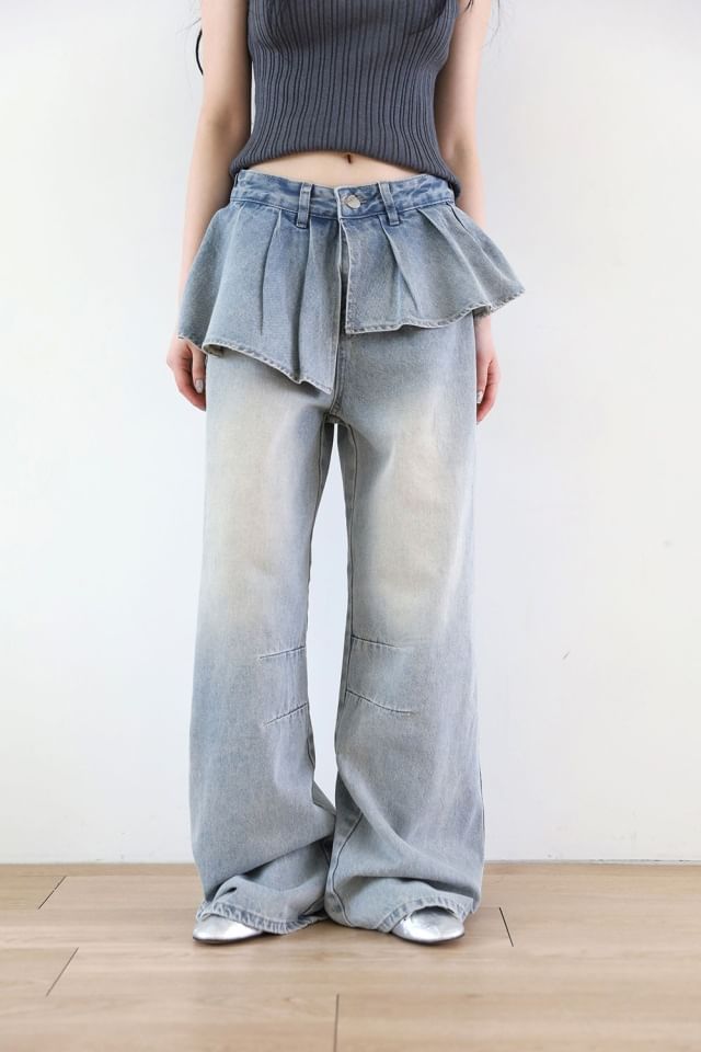 Mid Rise Washed Skirt Overlay Wide Leg Jeans