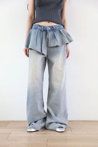 Mid Rise Washed Skirt Overlay Wide Leg Jeans