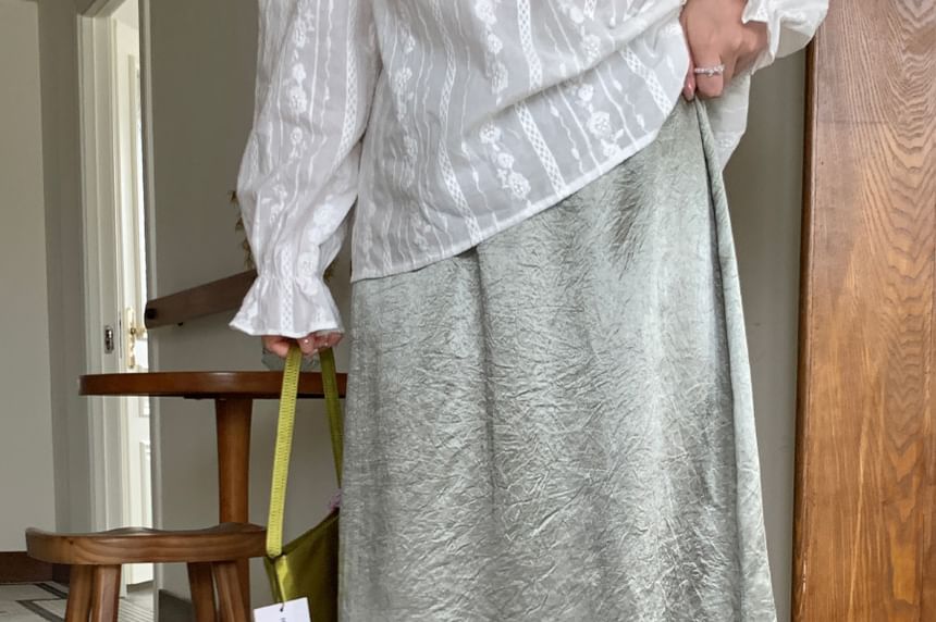Elastic Waist Plain Lace Trim Satin Midi A-Line Skirt