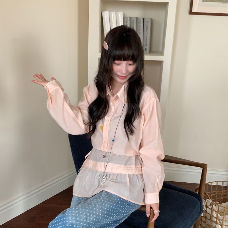 Set: Long Sleeve Collared Plain Shirt + Tie-Waist Overlay Skirt
