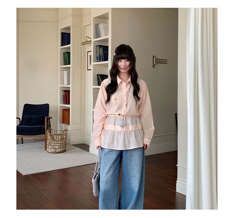 Set: Long Sleeve Collared Plain Shirt + Tie-Waist Overlay Skirt