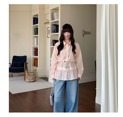 Set: Long Sleeve Collared Plain Shirt + Tie-Waist Overlay Skirt
