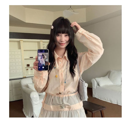 Set: Long Sleeve Collared Plain Shirt + Tie-Waist Overlay Skirt