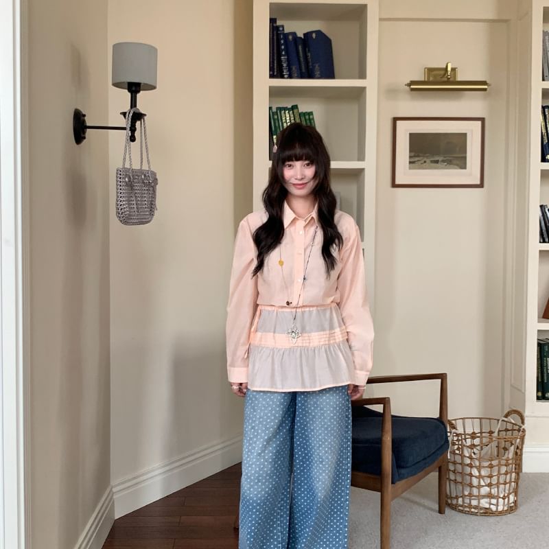 Set: Long Sleeve Collared Plain Shirt + Tie-Waist Overlay Skirt