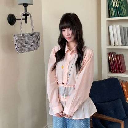 Set: Long Sleeve Collared Plain Shirt + Tie-Waist Overlay Skirt