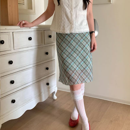 High Waist Plaid Mesh A-Line Skirt