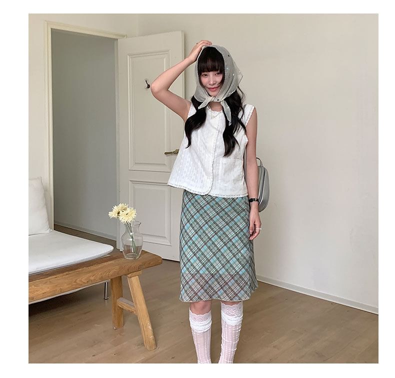 High Waist Plaid Mesh A-Line Skirt