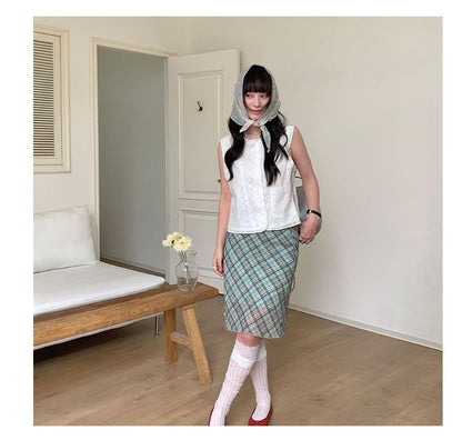 High Waist Plaid Mesh A-Line Skirt