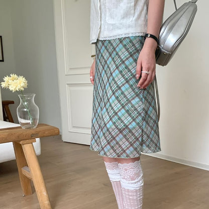 High Waist Plaid Mesh A-Line Skirt