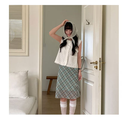 High Waist Plaid Mesh A-Line Skirt