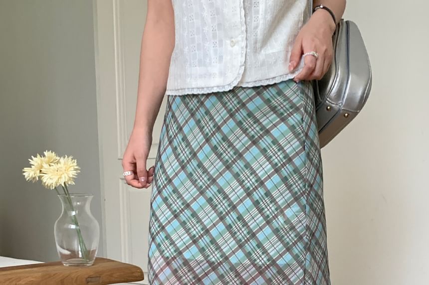 High Waist Plaid Mesh A-Line Skirt