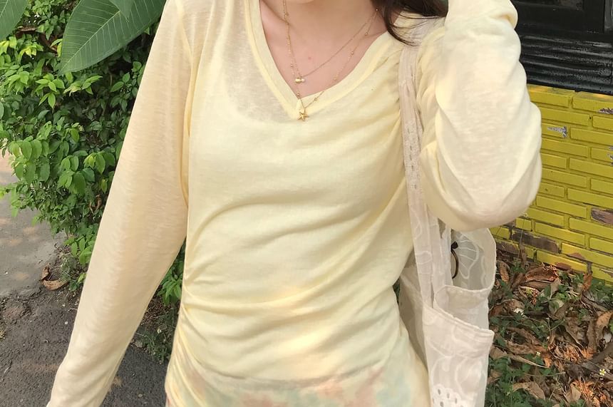 Ruched Sheer V-Neck Tee
