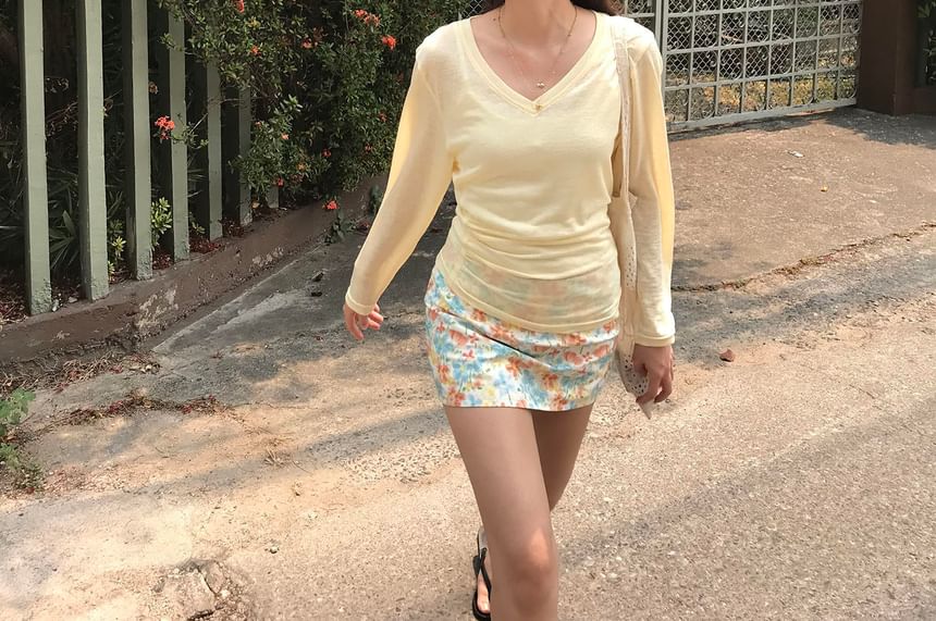 Ruched Sheer V-Neck Tee