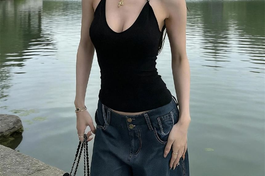Beaded Open Back Halter Top