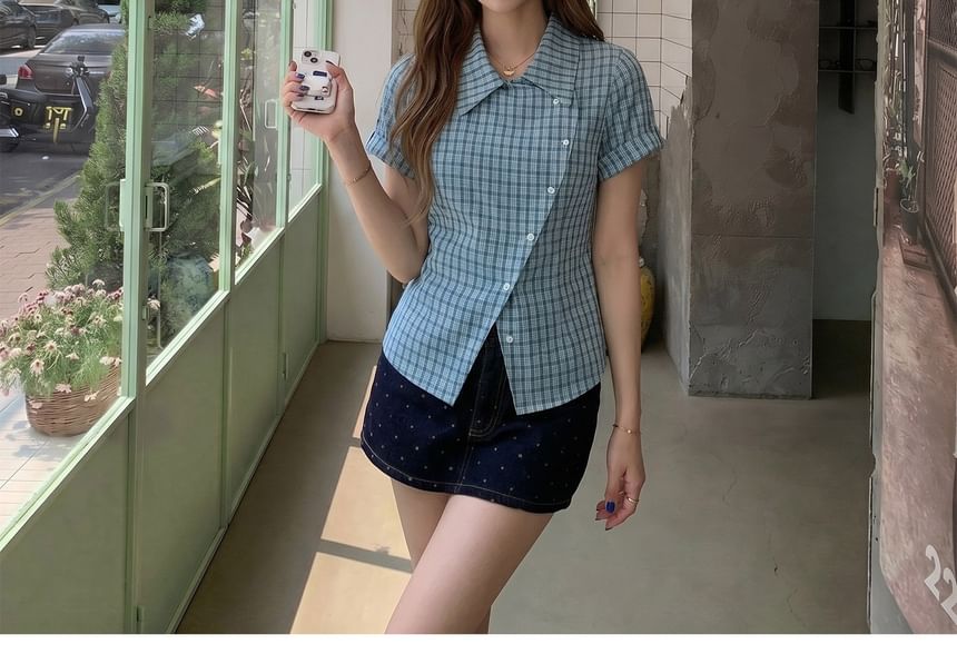 Plaid Asymmetrical Button Up Blouse