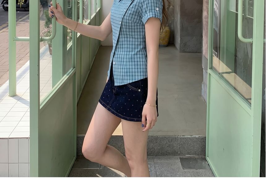 Plaid Asymmetrical Button Up Blouse