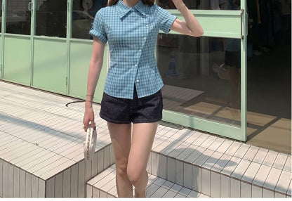 Plaid Asymmetrical Button Up Blouse