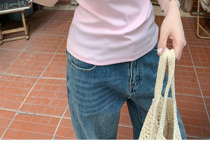 Plain Crew Neck Slim Crop T-Shirt