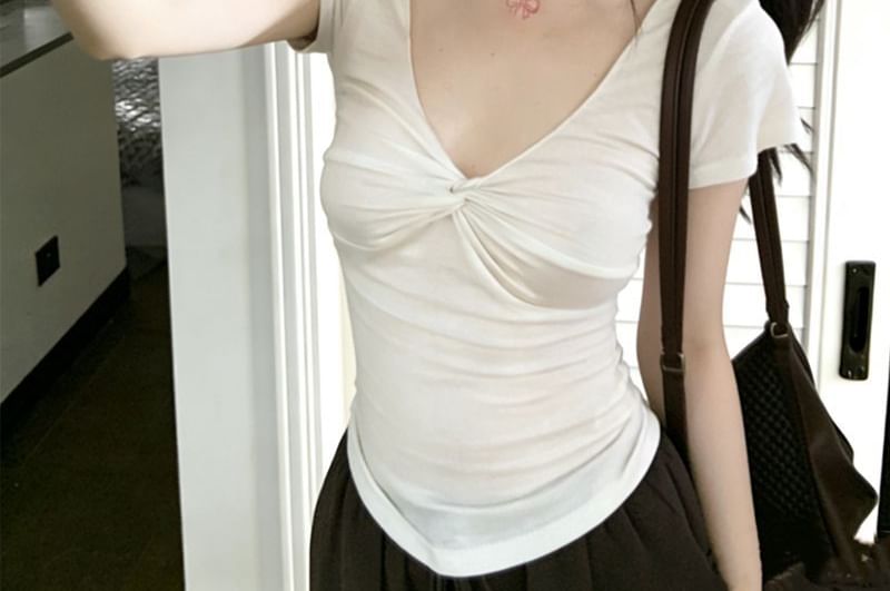 V-Neck Short Sleeve Ruched Tee