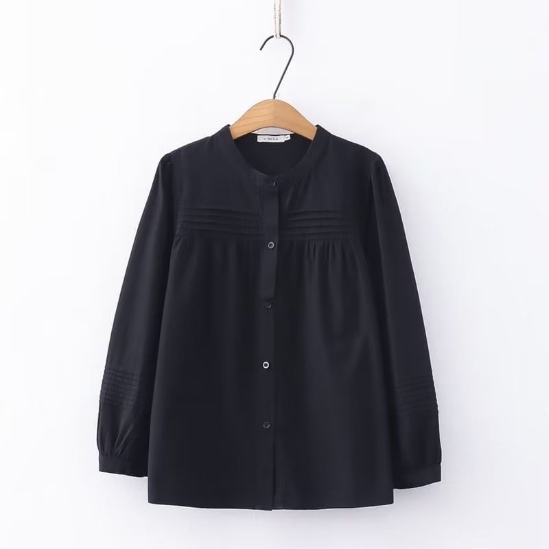 Stand Collar Pleated Shirt with Sleeve Options
