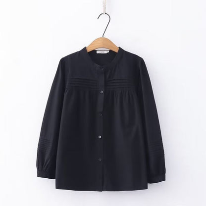 Stand Collar Pleated Shirt with Sleeve Options
