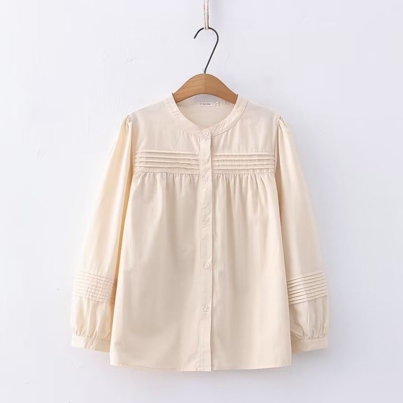 Stand Collar Pleated Shirt with Sleeve Options