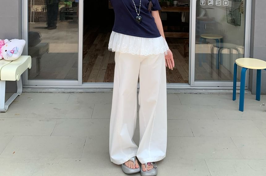 Short-Sleeve Off-Shoulder Lace Panel T-Shirt