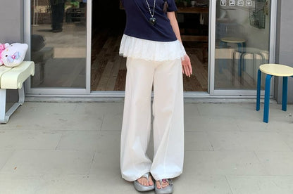 Short-Sleeve Off-Shoulder Lace Panel T-Shirt