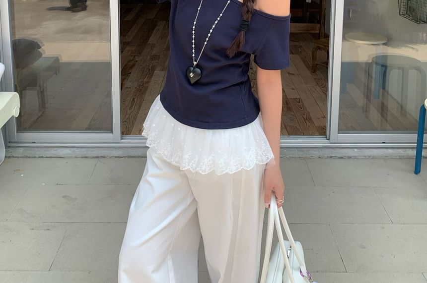 Short-Sleeve Off-Shoulder Lace Panel T-Shirt