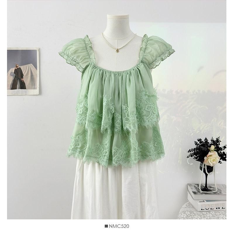 Square Neck Lace Panel Layered Blouse