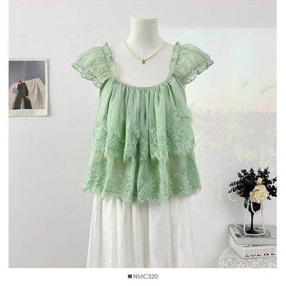 Square Neck Lace Panel Layered Blouse