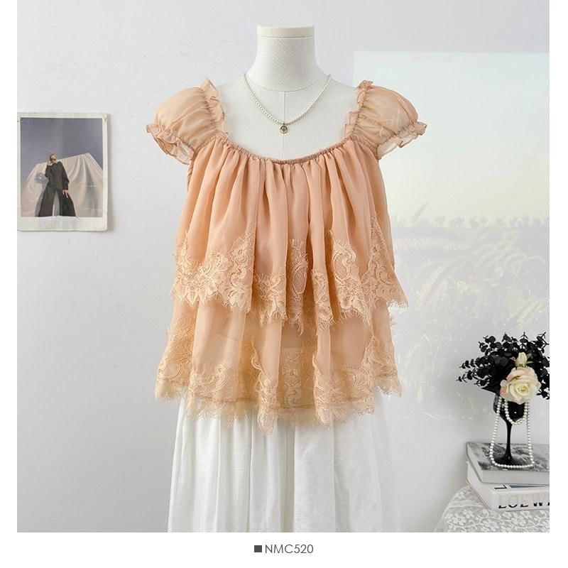 Square Neck Lace Panel Layered Blouse