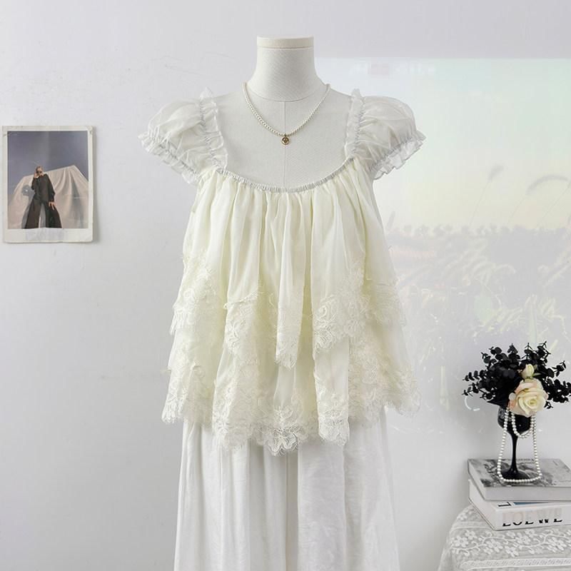 Square Neck Lace Panel Layered Blouse