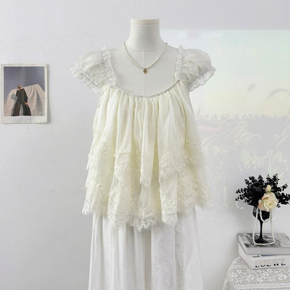 Square Neck Lace Panel Layered Blouse
