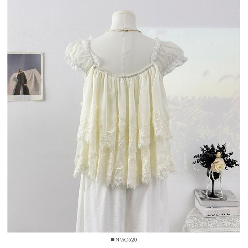 Square Neck Lace Panel Layered Blouse