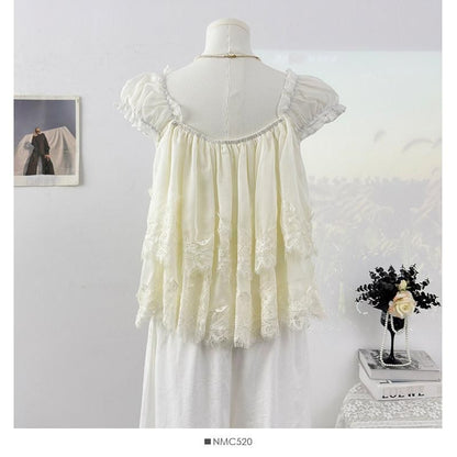 Square Neck Lace Panel Layered Blouse