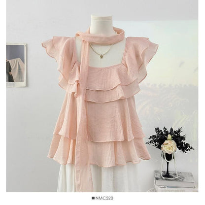 Square Neck Ruffle Blouse with Scarf Set