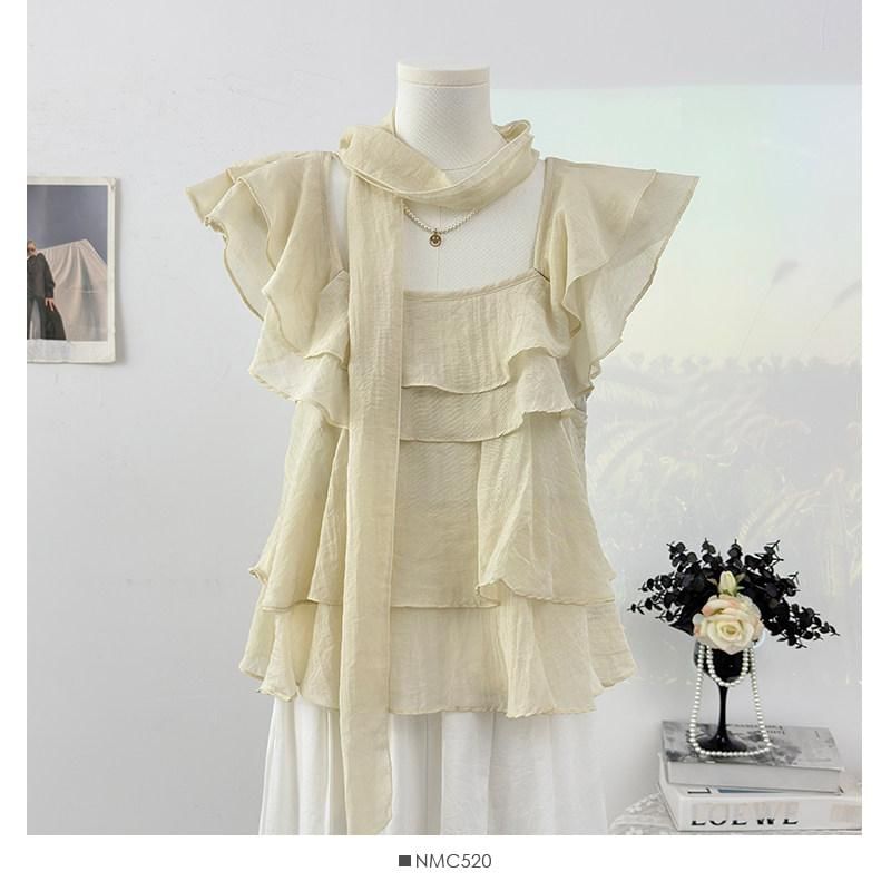 Square Neck Ruffle Blouse with Scarf Set